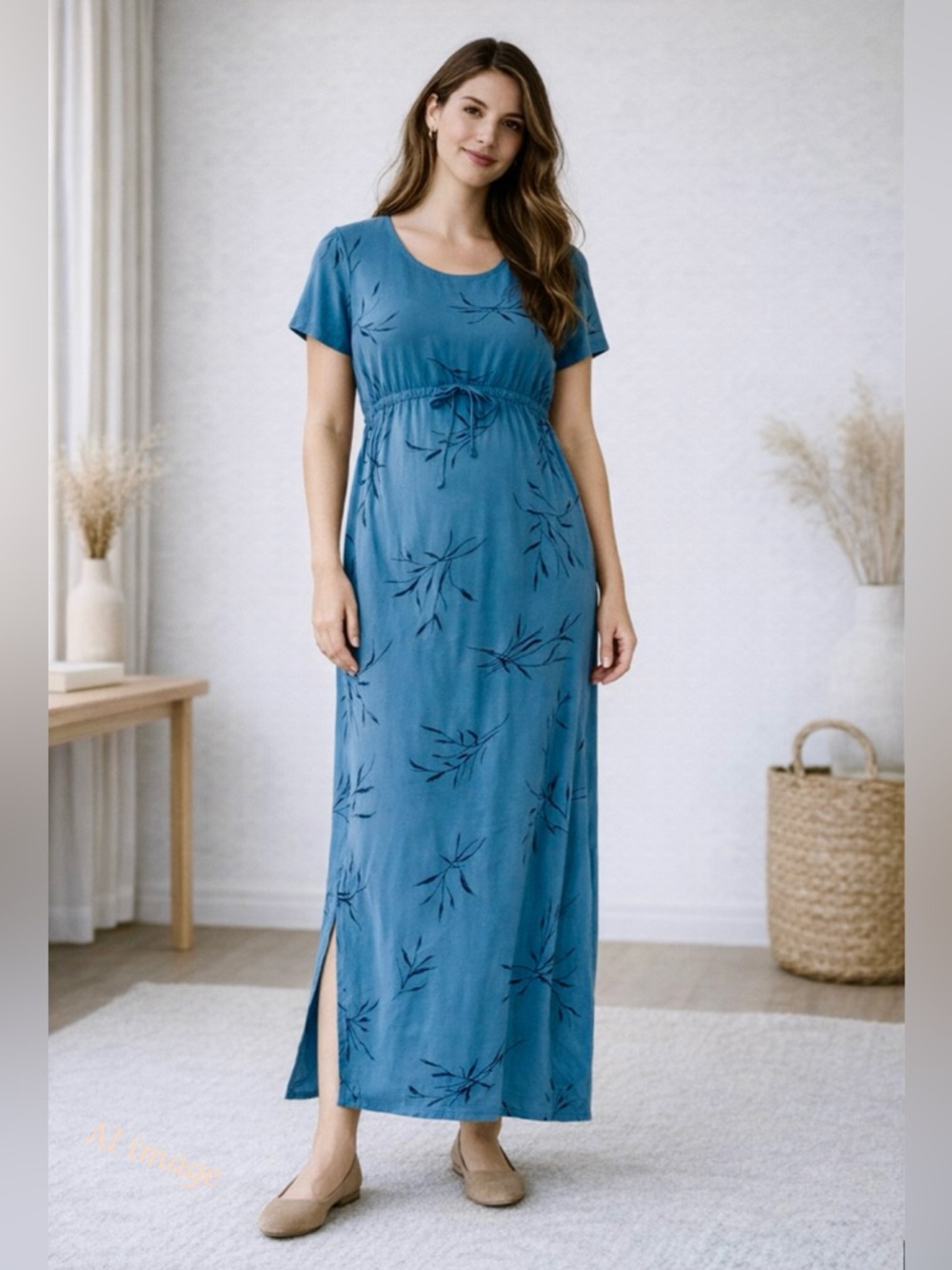 Vintage Mimi Maternity Slate Blue Maxi Dress Minimalist Lyocell S